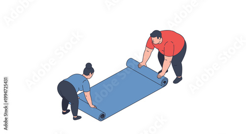 Two People Rolling Out Blue Yoga Mat for Exercise and Wellness.