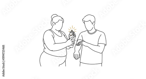 Two People Sanitizing Hands with Spray Bottle, Cleanliness Concept.