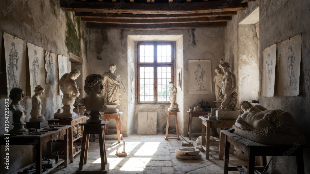 Fototapeta premium Art Studio With Classical Statues and Natural Light in Vintage Setting
