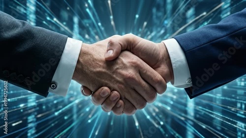 Close-up of two businessmen shaking hands with flowing digital energy in the background, symbolizing partnership, trust, collaboration, and modern technology-driven business environment.
