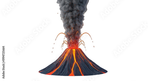 Vector illustration of volcanic eruption with lava flows and smoke plume on a transparent background