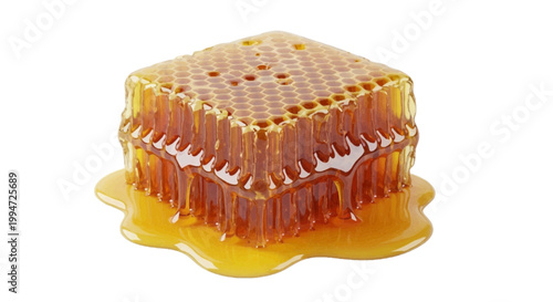Vector illustration of fresh honeycomb block with dripping honey on a transparent background