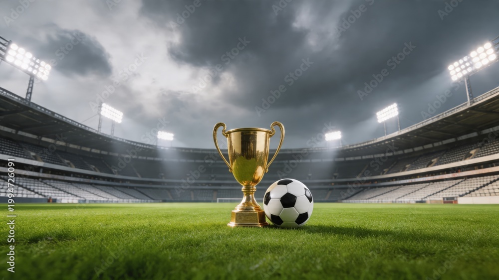 Fototapeta premium A gold trophy and soccer ball sit on a green field in a large stadium with bright lights and a cloudy sky, symbolizing achievement and success in sports