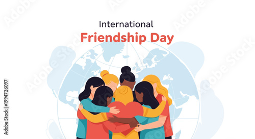 A comforting Flat Design illustration showing two diverse figures embracing in a heartfelt hug, set against a subtle globe background with prominent 'International Friendship Day' typography.