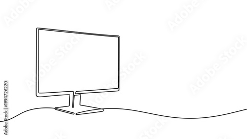 Continuous one line monitor computer outline art tv screen frame desktop. TV monitor office drawing simple digital technology creative isolated mockup device download icon white design business flat