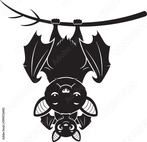 Adorable black silhouette of a mother bat hanging upside down with her baby bat on a tree branch.