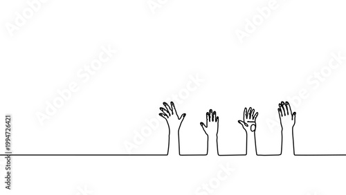 Continuous one line hand volunteer draw doodle up group drawing. Arm hand up art vote single people friendship pray raise education crowd finger charity life touch man outline person black world many