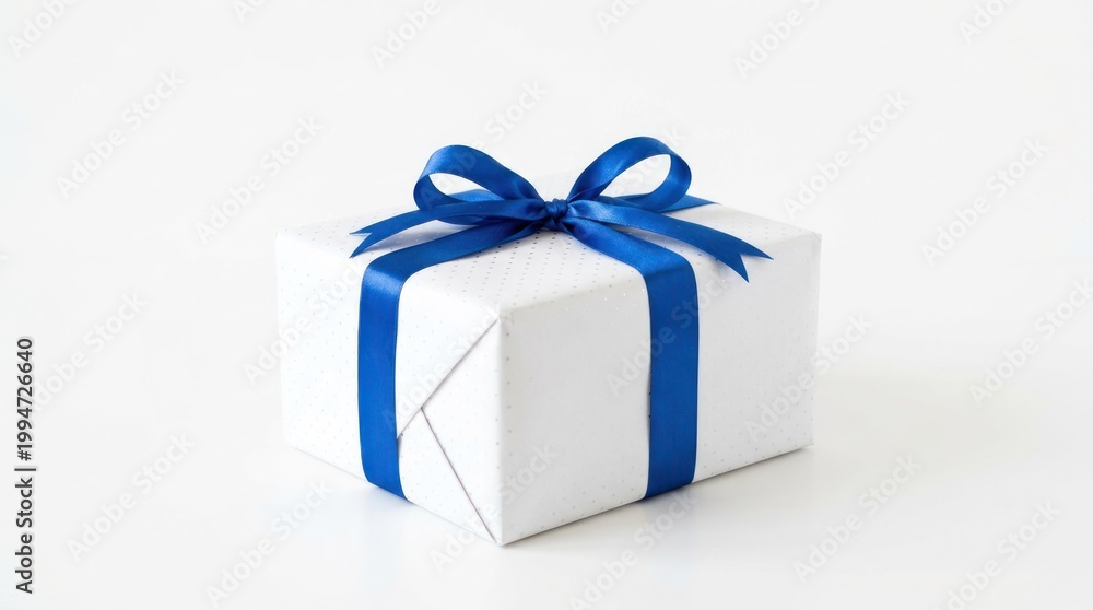 Obraz premium A white gift box with a blue ribbon against a white background.