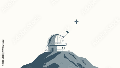 Minimalist Flat Illustration of an Observatory Dome on a Rocky Mountain Peak, Telescope Pointing Toward a Single Isolated Star in a Clear Pale Sky