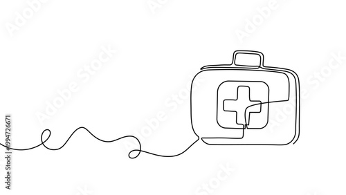 Continuous one line first aid kit emergency medical pharmacy health. First emergency aid kit bag doctor medicine art care white isolated case box hospital tool drawing paramedic background instrument.
