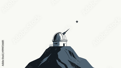 Minimalist Textured Illustration of a Mountain-top Observatory With Its Telescope Aimed At a Lone Isolated Star in a Vast Empty Sky
