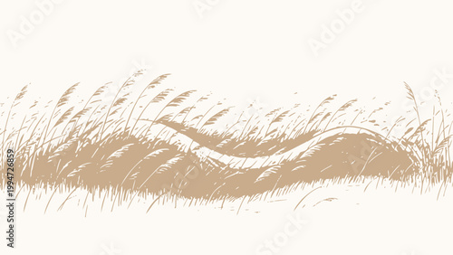 Hand-Drawn Illustrated Wavy Golden Autumn Reeds Blowing in Gentle Wind, Minimalist Light Background Landscape Illustration with Soft Warm Neutral Tones