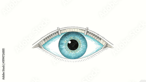 Surreal Hand-Drawn Ink and Watercolor Illustration of a Hybrid Eye and Dam, Blue Iris Reserving a Water Reservoir, Conceptual Art on Plain White Background