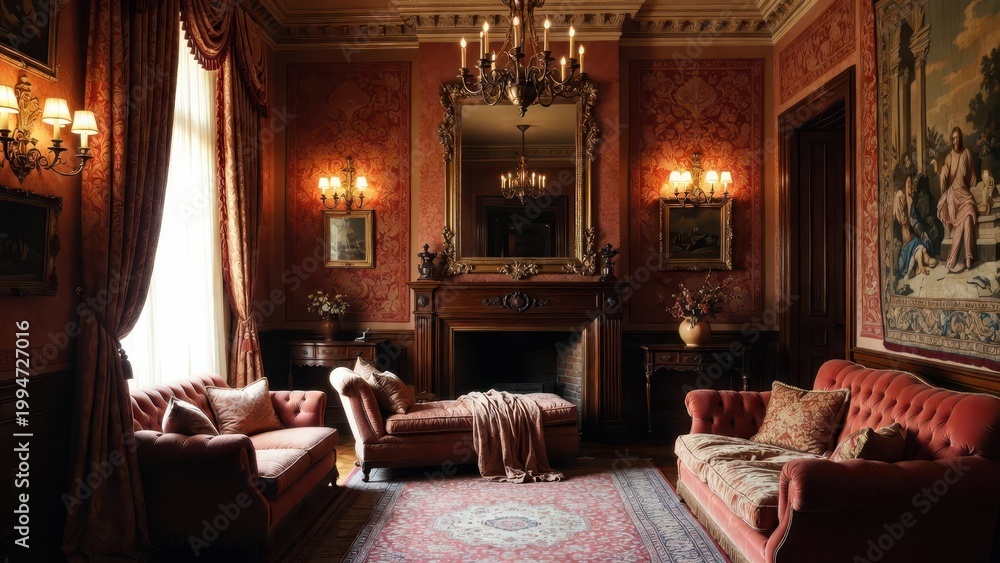 Fototapeta premium Elegant Victorian Living Room with Rich Textures and Warm Lighting