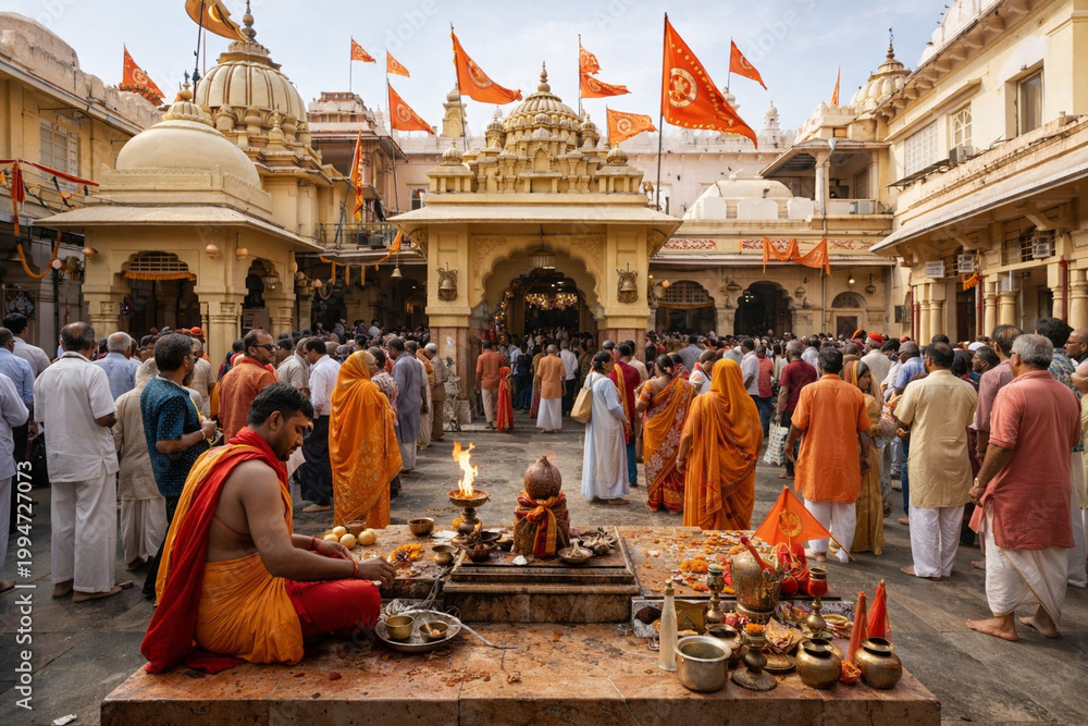 Obraz premium Pitambara Peeth Datia Yellow Temple Complex Tantric Shrine Courtyard Devotees Ritual Atmosphere Madhya Pradesh Real Scene