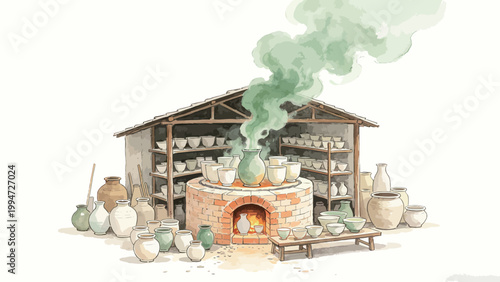 Watercolor Illustration of a Traditional Outdoor Pottery Kiln Workshop, with Firing Smoke Rising, Surrounded by Finished Handcrafted Ceramic Wares in a Rustic Artisan Setting