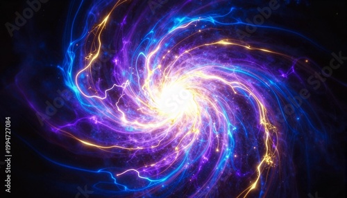 Glowing spiral energy vortex with vivid blue, purple and gold light