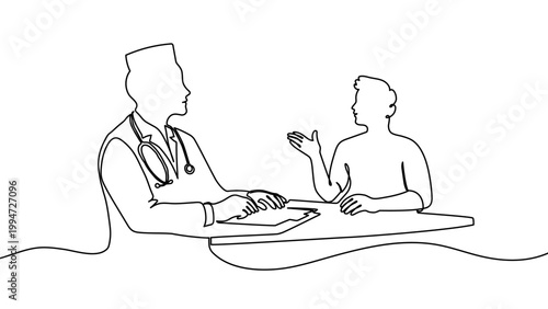Continuous one line doctor patient drawing medical health nurse people. Doctor patient hospital art care check help clinic heart woman examination tooth stroke laboratory height evaluation insurance