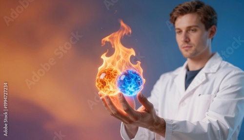 Scientist in a lab coat holds two glowing elemental spheres-fiery orange and icy blue-illustrating contrasting energy, power, and duality in a dramatic sci‐fi scene
