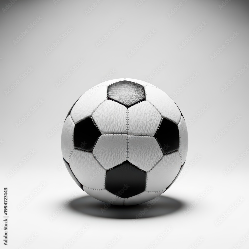 Fototapeta premium A classic soccer ball with black and white hexagonal panels sits on a white surface, featuring soft studio lighting and a clean shadow, play, game, white