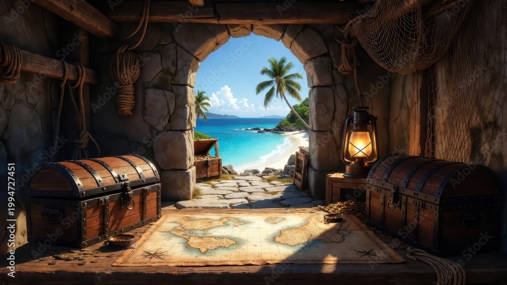 Fototapeta premium Pirate treasure chests and map inside cave opening to tropical beach paradise