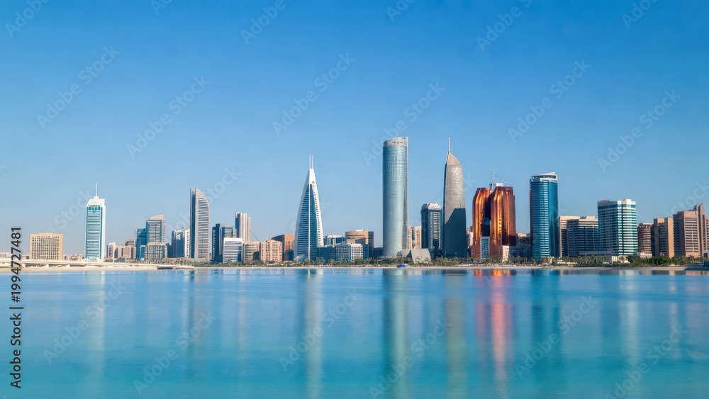 Fototapeta premium Modern Skyline of Abu Dhabi with Reflections in Calm Blue Water Under Clear Sky