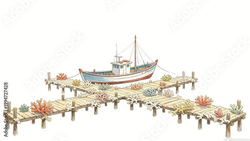 Watercolor Illustration of a Small Fishing Vessel Moored at a Weathered Wooden Pier Decorated with Colorful Corals, Isolated on a Plain White Background