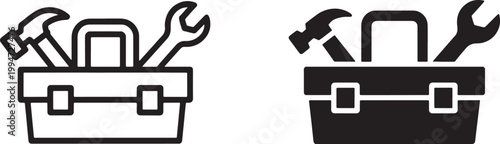 Black and white minimalist of a toolbox with hammer and wrench repair