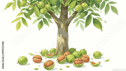 Watercolor Illustration of a Bearing Walnut Tree, Fallen Fresh Green Walnut Hulls and Ripe Cracked Walnuts Scattered at the Tree Base, Soft Natural Green Toned Botanical Art on Clean White Background