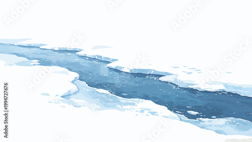 Watercolor Illustration of a Curving Open Lead Between Thawed Pack Ice in the Polar Arctic Region, Minimalist Cool Toned Landscape of Winter Frozen Wilderness