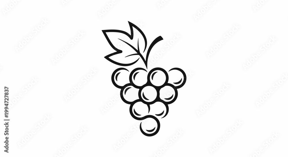 Naklejka premium A stylized black and white graphic of a grape cluster and leaf