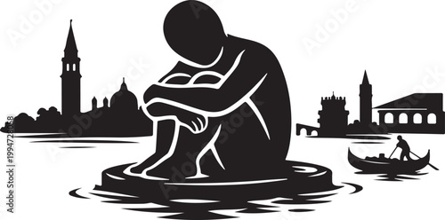 silhouette of Biennale art sculpture floating Venice canal