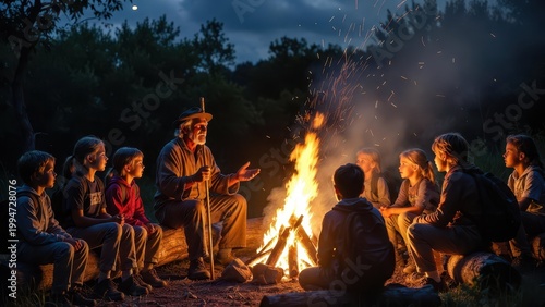 Elderly storyteller shares tales with children around a crackling campfire at dusk