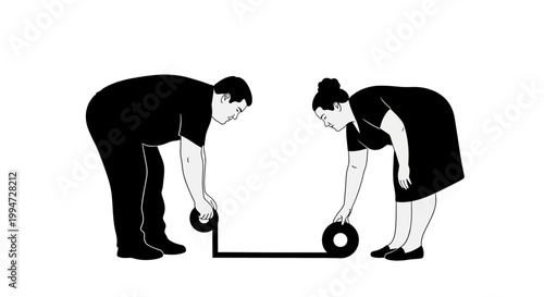 Two People Working Together to Create a Straight Line.
