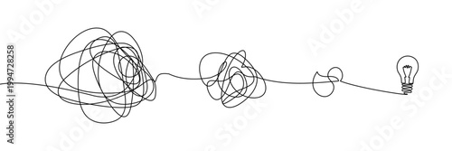 Continuous one line chaos problem scribble simple art icon knot. Chaos problem line complex brain solution tangle messy doodle drawing maze simplify lightbulb understand calm sketch background mess