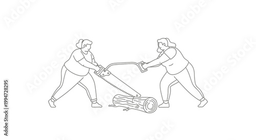 Two People Working Together to Saw a Log with a Hand Saw.