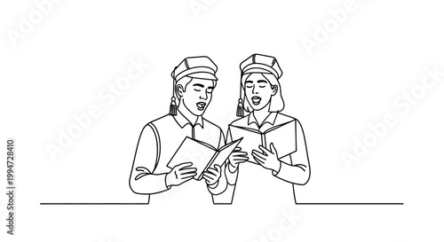 Two Singers Performing a Duet from Sheet Music, Singing Together.