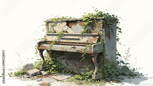 Watercolor Illustration of an Abandoned, Weathered Upright Piano Reclaimed by Wild Vines, Depicting the Quiet Beauty of Nature Taking Over Man-Made Objects Against a Minimalist Plain Background
