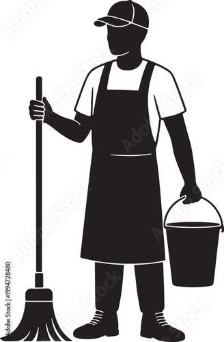Black and white silhouette of a person wearing an apron and cap holding a mop and bucket