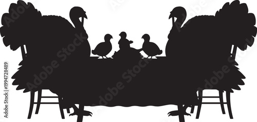 Turkeys family silhouette around holiday table setting with chairs for thanksgiving dinner celebration and seasonal decoration.