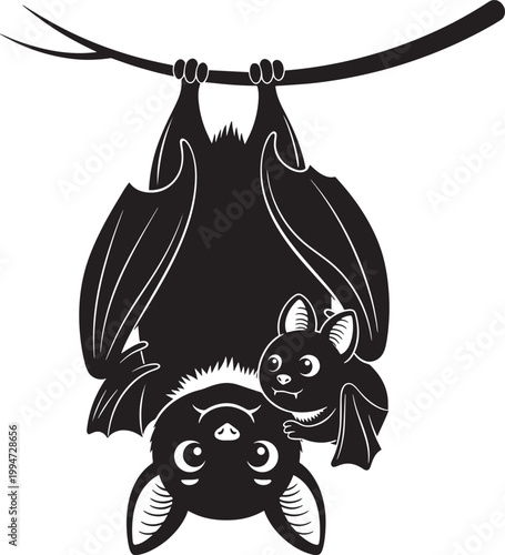 Cute bat silhouettes hanging upside down from tree branch with baby bat for spooky halloween theme party decoration element.