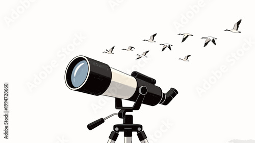Minimalist Illustration of a Spotting Scope on Tripod Aimed at a Flying Flock of Migratory Waterfowl Against a Plain White Background