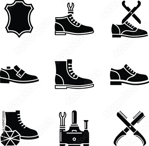 Black and white shoe with tools shoes silhouette