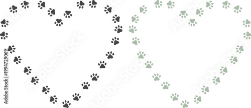 Animal footprints icon set forming creative shapes including heart and patterns on white background. Variety of paw and bird tracks ideal for wildlife themes, nature design.