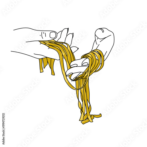 a drawing of chef two hands cooking and  holding spaghetti. Cooking tagliatelle