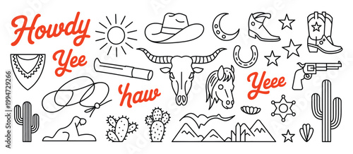 Hand drawn western doodle vector set with cowboy hats, boots, cactus, horse, skull, revolver and sheriff badge, perfect for vintage rustic wild west designs.
