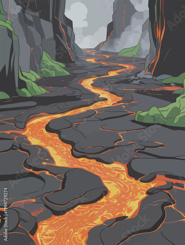 Volcanic Lava River in Rocky Canyon Landscape