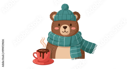 A brown bear wearing a green hat and scarf sits with a steaming cup of coffee.