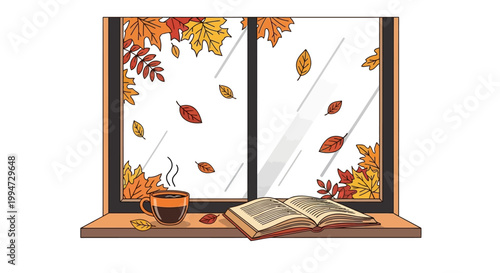 Autumn leaves fall outside a window with a cup of coffee and an open book inside.