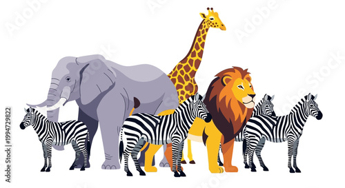 A colorful illustration of a lion, elephant, giraffe, and zebras standing together in a savannah scene.
